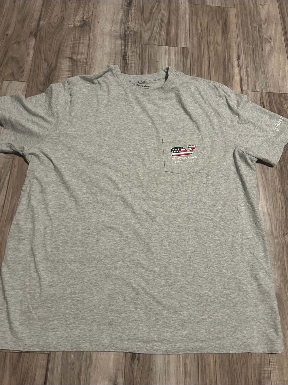 Vineyard Vines Heather Gray Short Sleeve Pocket Tee with Flag Whale